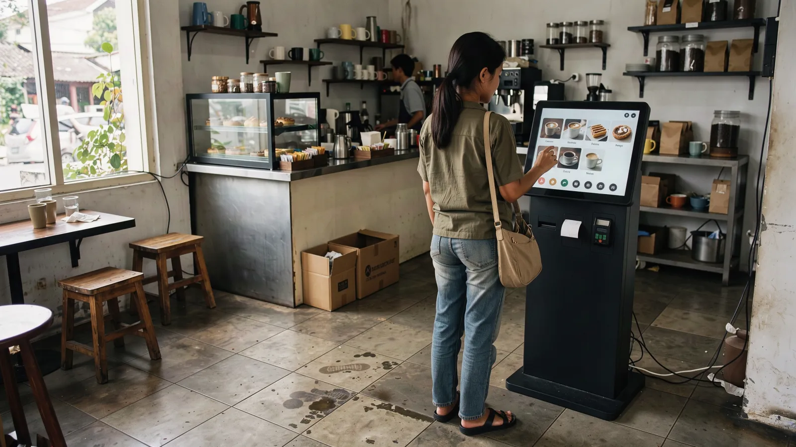 Tamu memesan sendiri di self order kiosk sebuah kedai kopi.