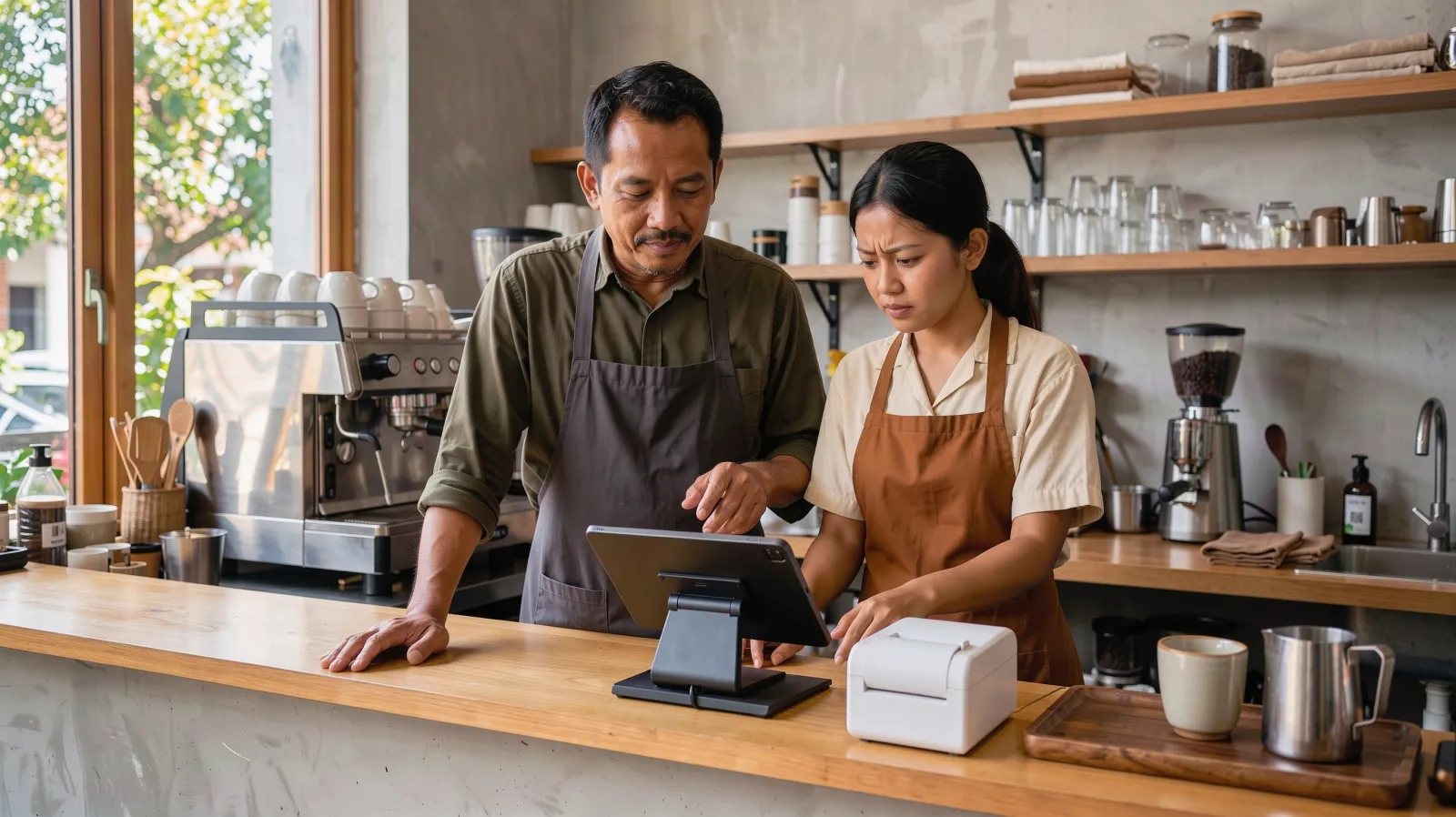 Pemilik dan barista melihat POS tablet di meja kasir.