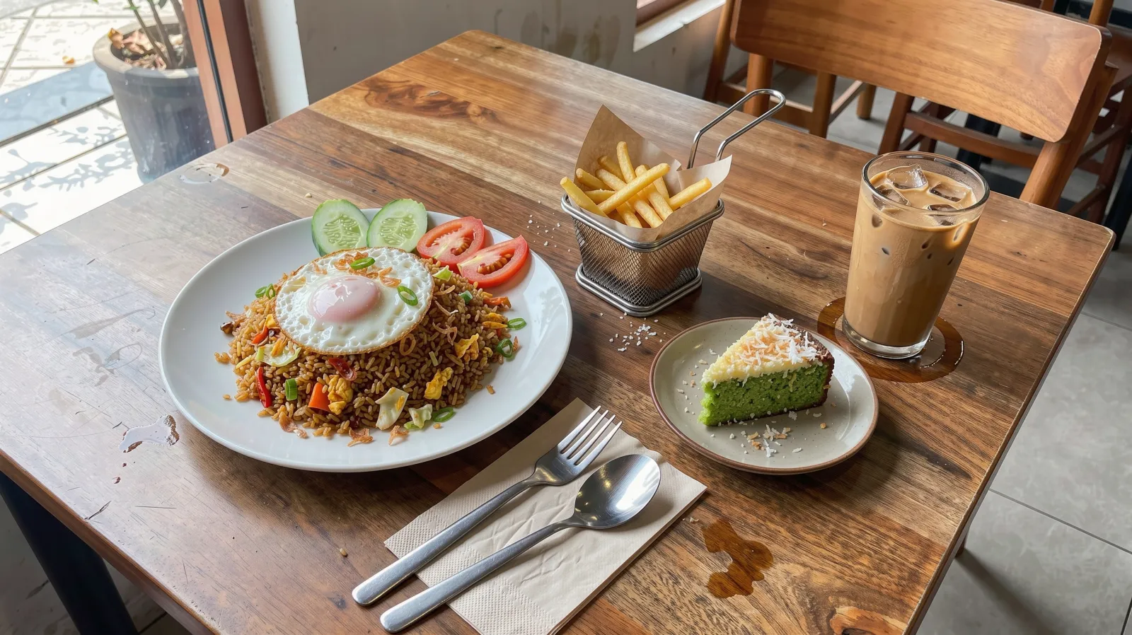 Nasi goreng, kentang goreng, kue pandan, dan es kopi di meja kafe.