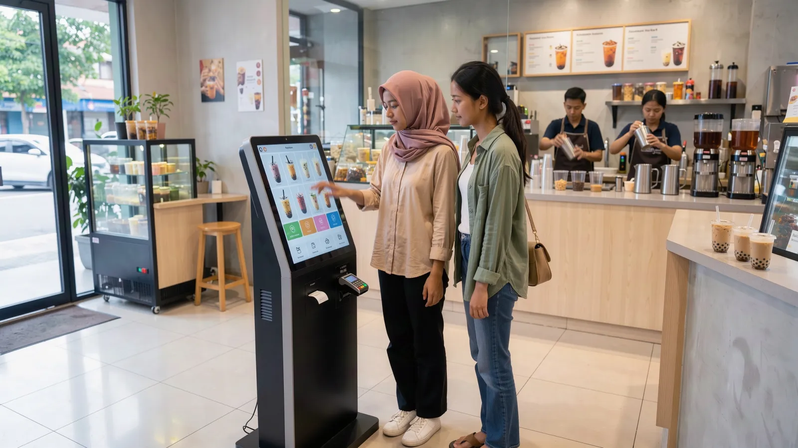 Dua tamu memilih minuman di kiosk self order sebuah kedai bubble tea.