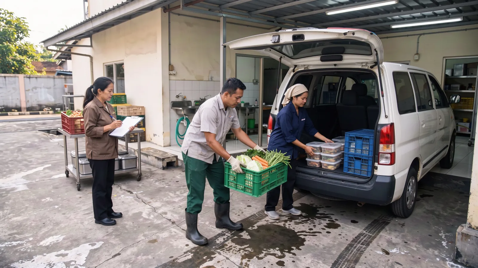 Staf central kitchen memuat krat bahan baku ke mobil untuk dikirim ke beberapa outlet.