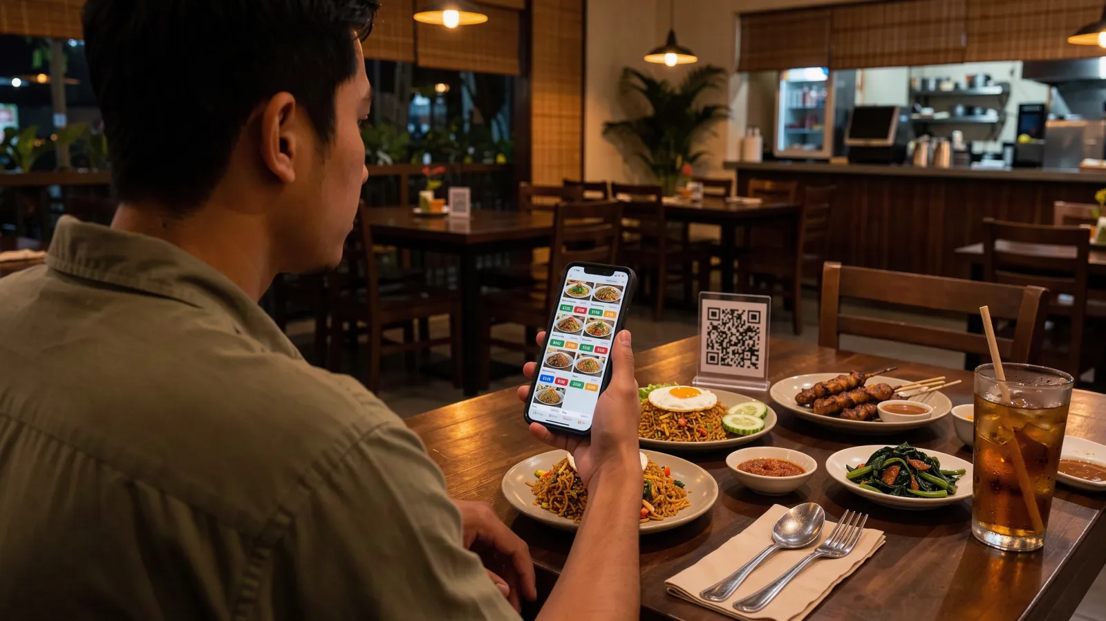 Tamu memesan dari meja lewat HP setelah scan QR di restoran.