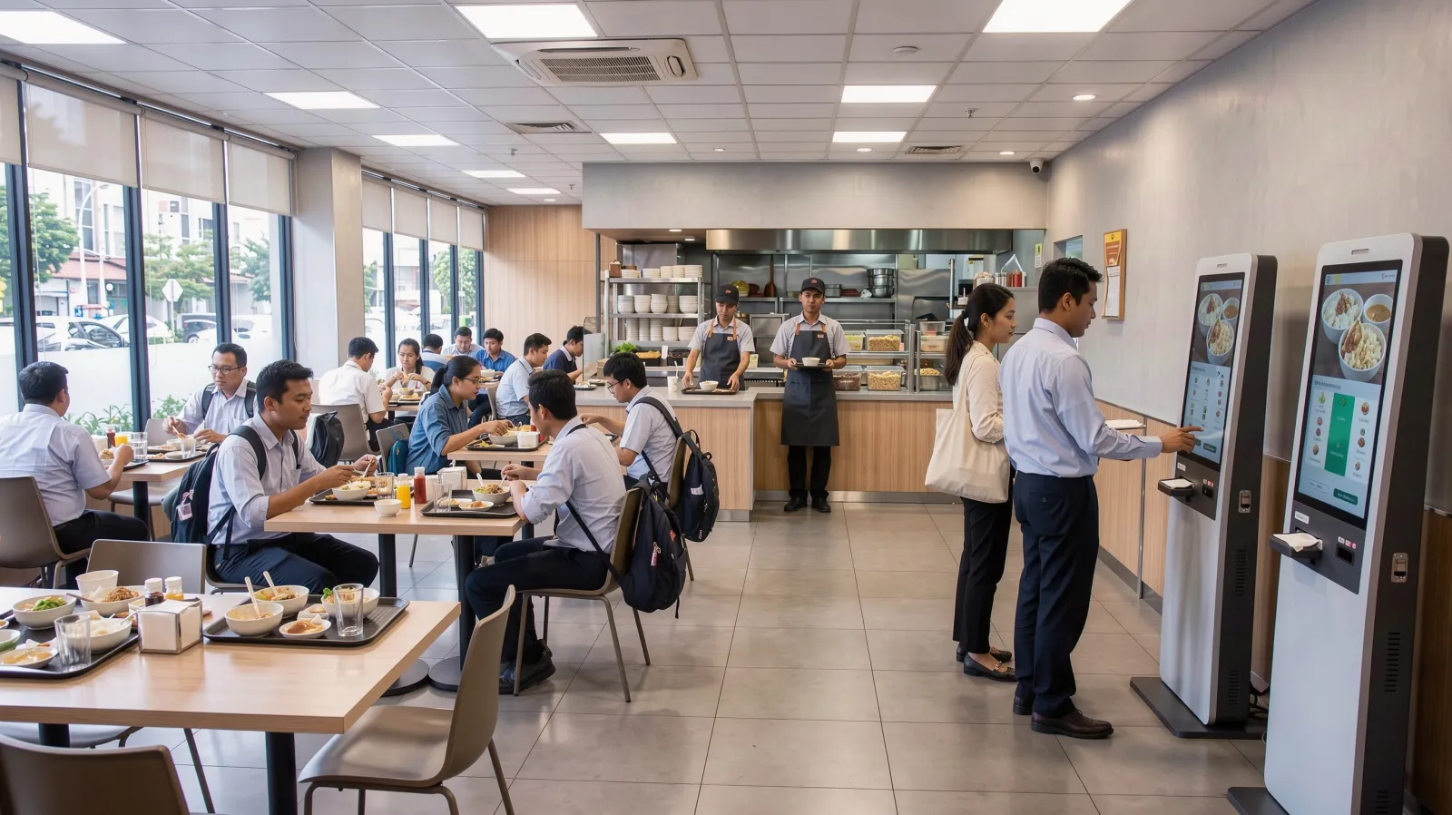 Restoran saat makan siang dengan dua self order kiosk di dinding samping dan antrian pendek.