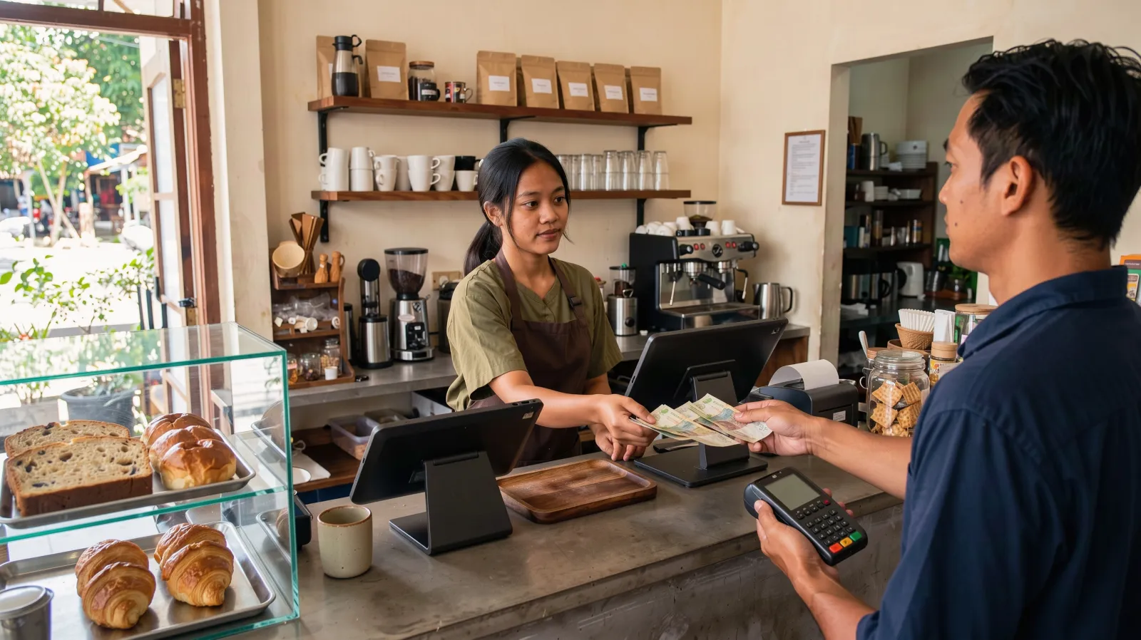 Kasir kafe menerima pembayaran tunai, tamu memegang mesin EDC, POS tablet menghadap kasir.