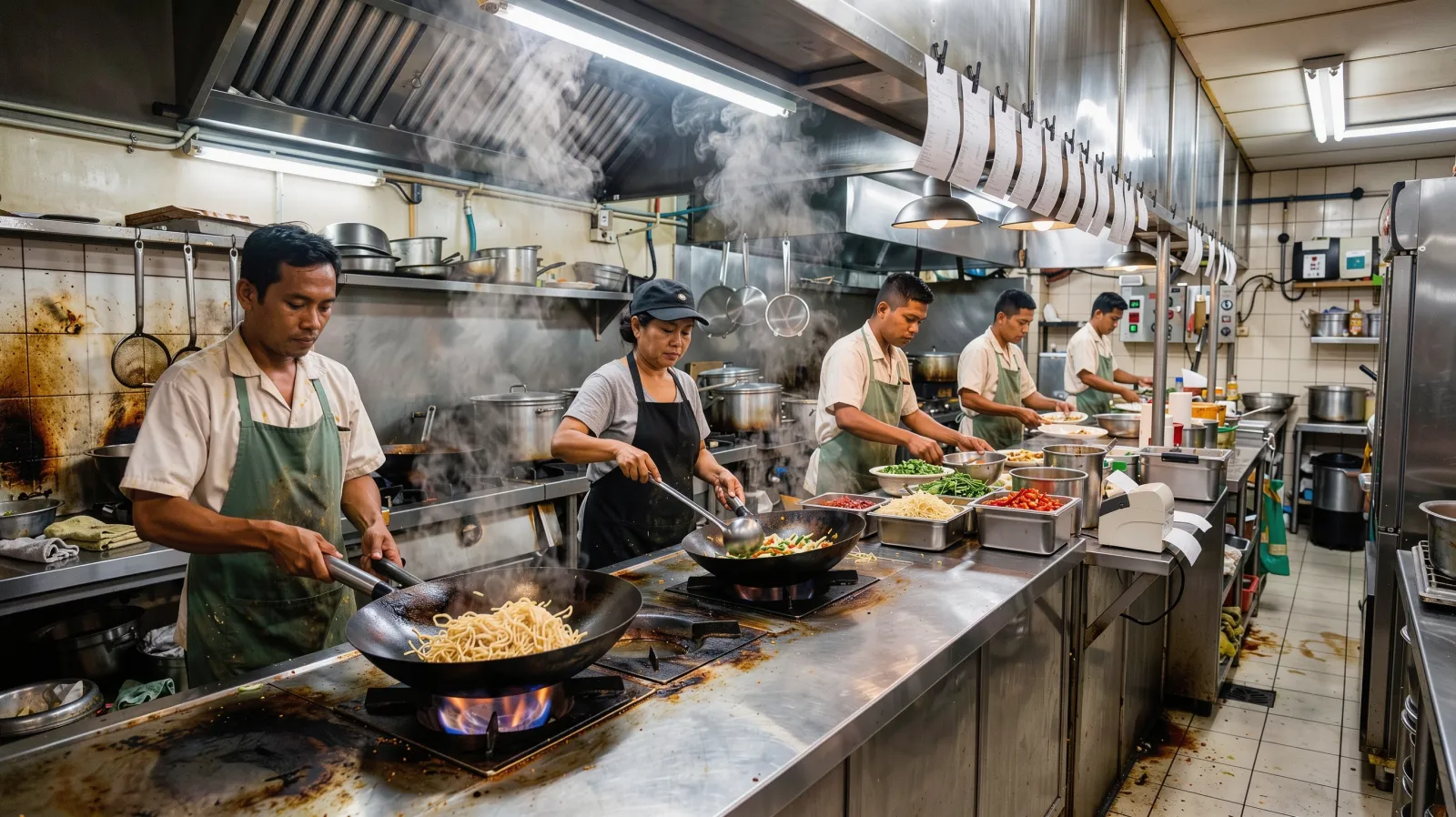Dapur restoran sibuk dengan stasiun wok dan tiket pesanan di rel.