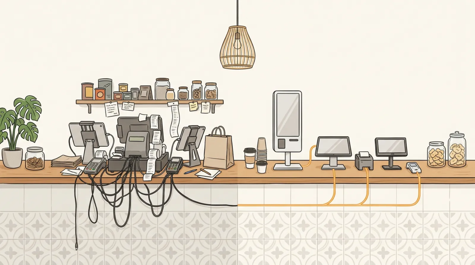 A cafe counter: a tangle of separate devices on one side, a single connected Otter kiosk, POS, and kitchen printer on the other.