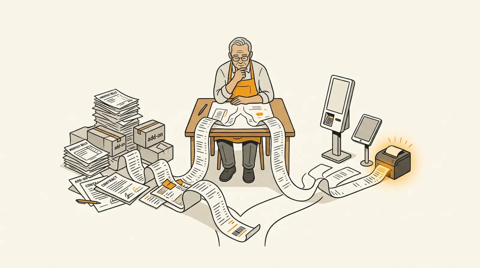 A restaurant owner choosing between a path of stacked add-on bills and a single tidy outlet with a kiosk, tablet, and kitchen printer.