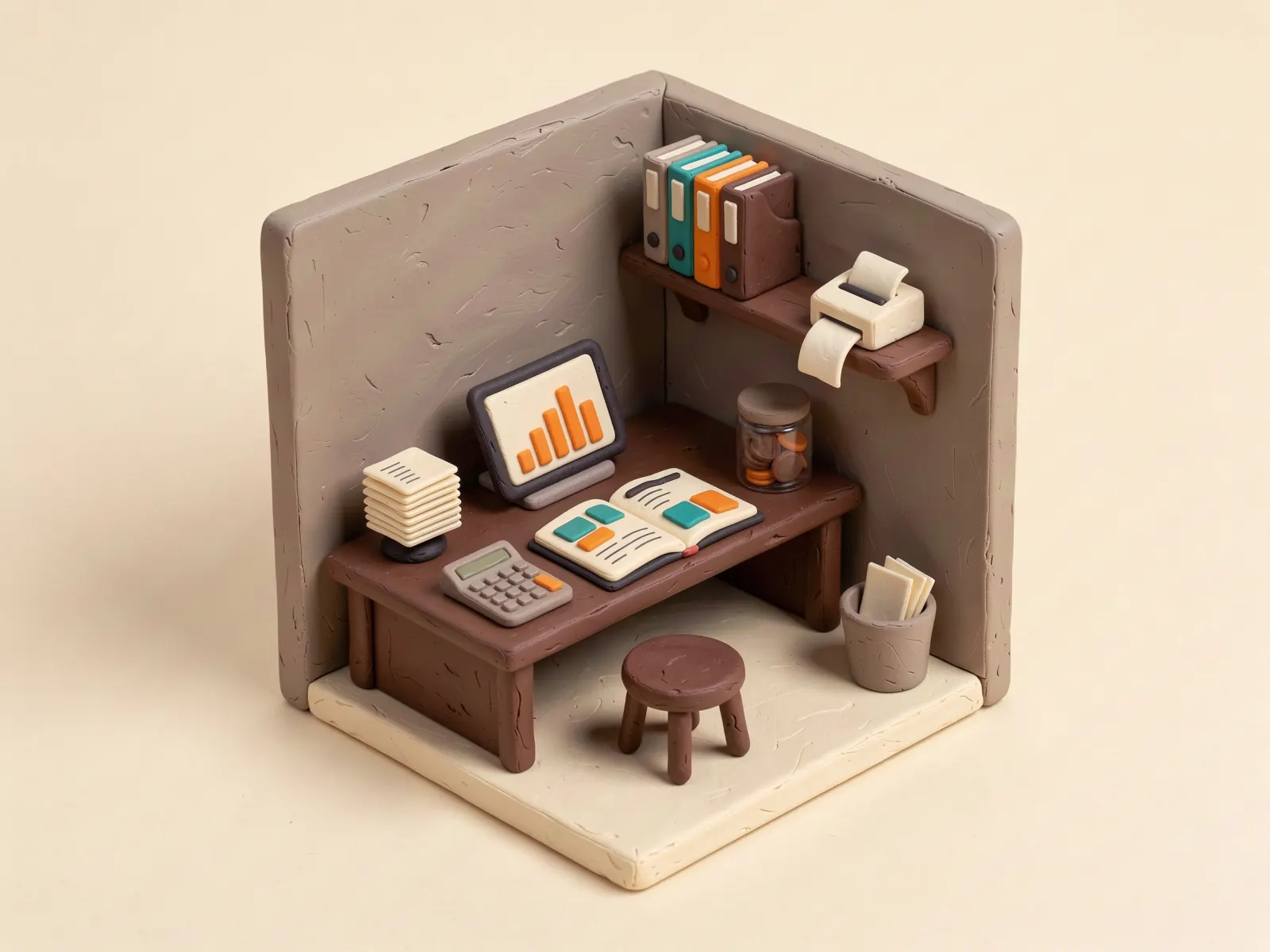 Ilustrasi clay ruang kantor kecil kafe dengan meja, tablet yang menampilkan grafik batang, buku besar terbuka, kalkulator, tusukan struk, dan printer struk di rak.