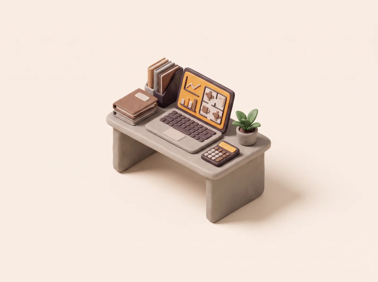 Ilustrasi clay meja kerja dengan laptop yang menampilkan grafik dan denah restoran, tumpukan map, kalkulator, dan tanaman kecil.