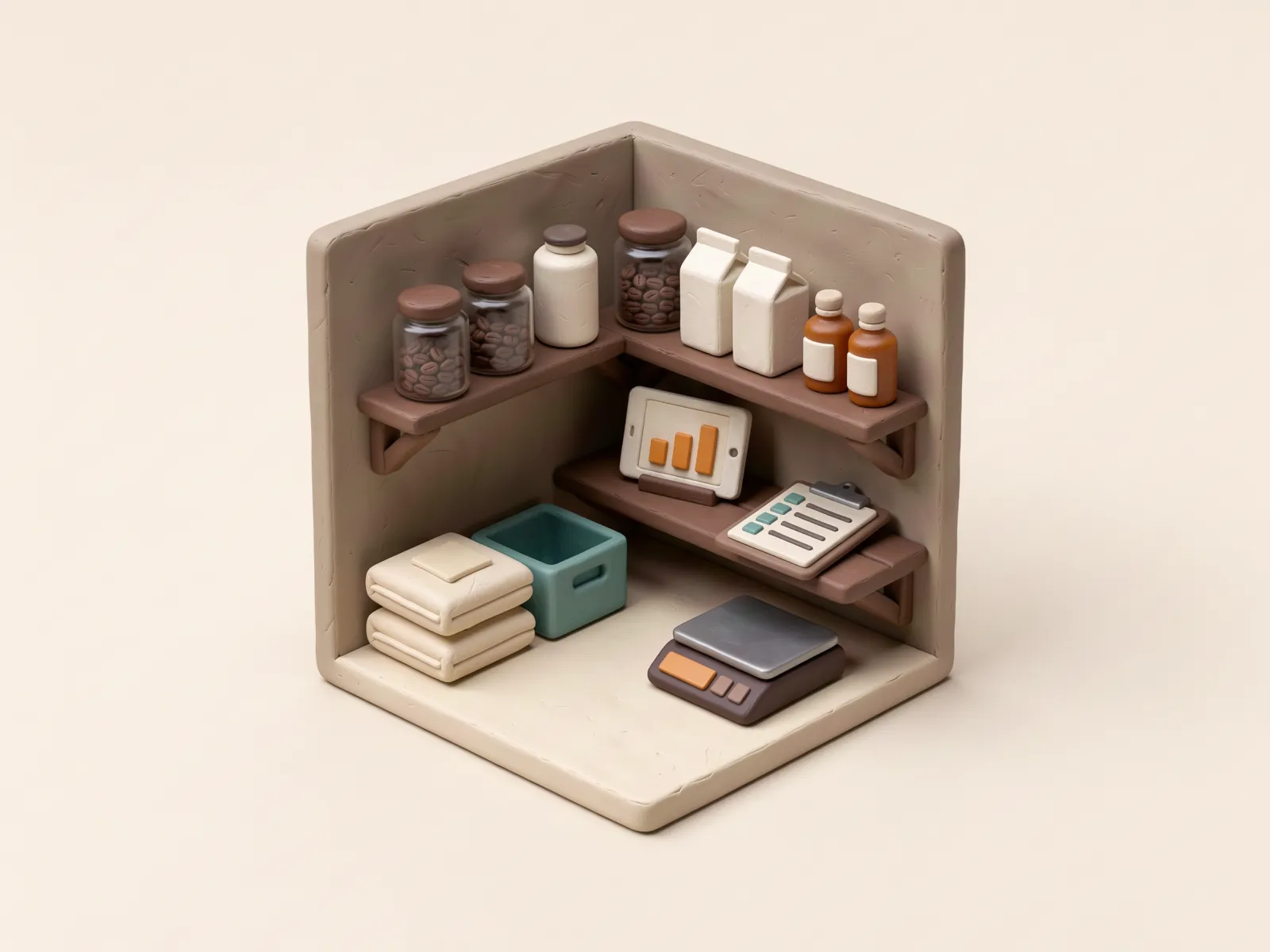 Clay illustration of a cafe storeroom corner with a shelf of coffee beans, milk and syrups, a tablet showing stock bars, a clipboard and a small scale.