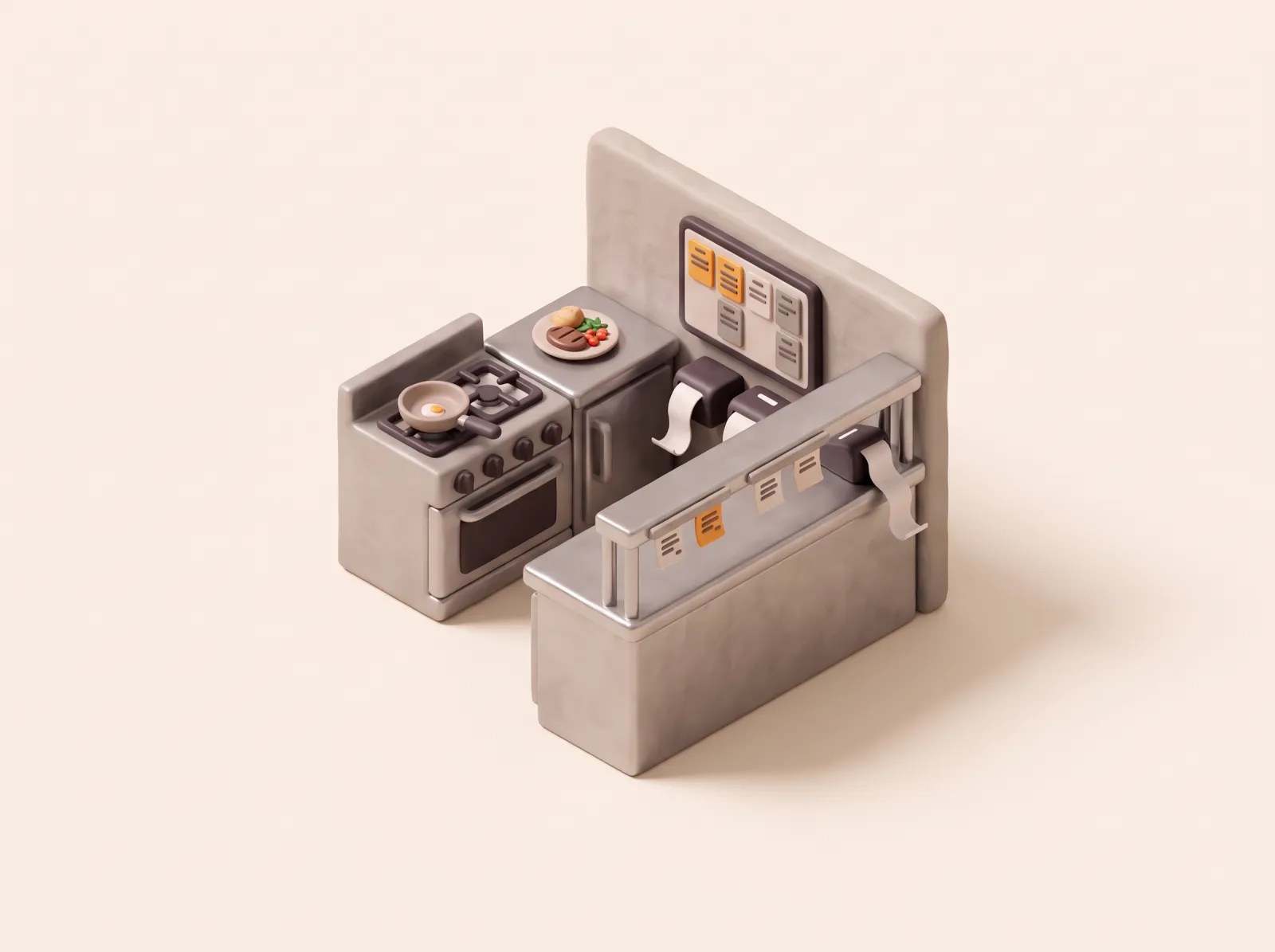 Ilustrasi clay area dapur dengan layar tiket pesanan di dinding, dua printer yang mencetak tiket, rel tiket, kompor, dan hidangan yang siap diantar.