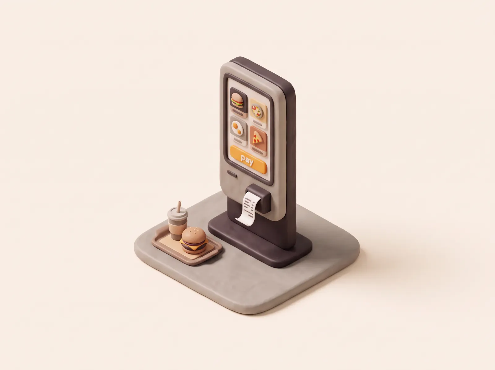 Ilustrasi clay kiosk self order dengan layar sentuh berisi foto makanan, struk yang tercetak, dan nampan berisi burger dan minuman.