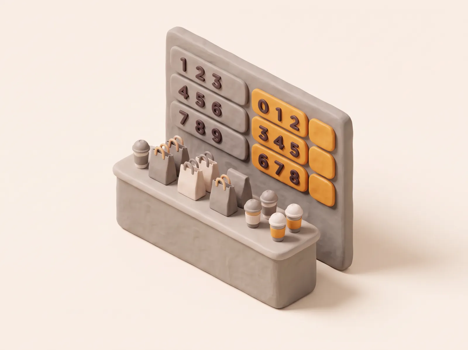 Ilustrasi clay counter pickup dengan layar di dinding berisi nomor pesanan dalam dua kolom, serta kantong kertas dan gelas yang menunggu diambil.