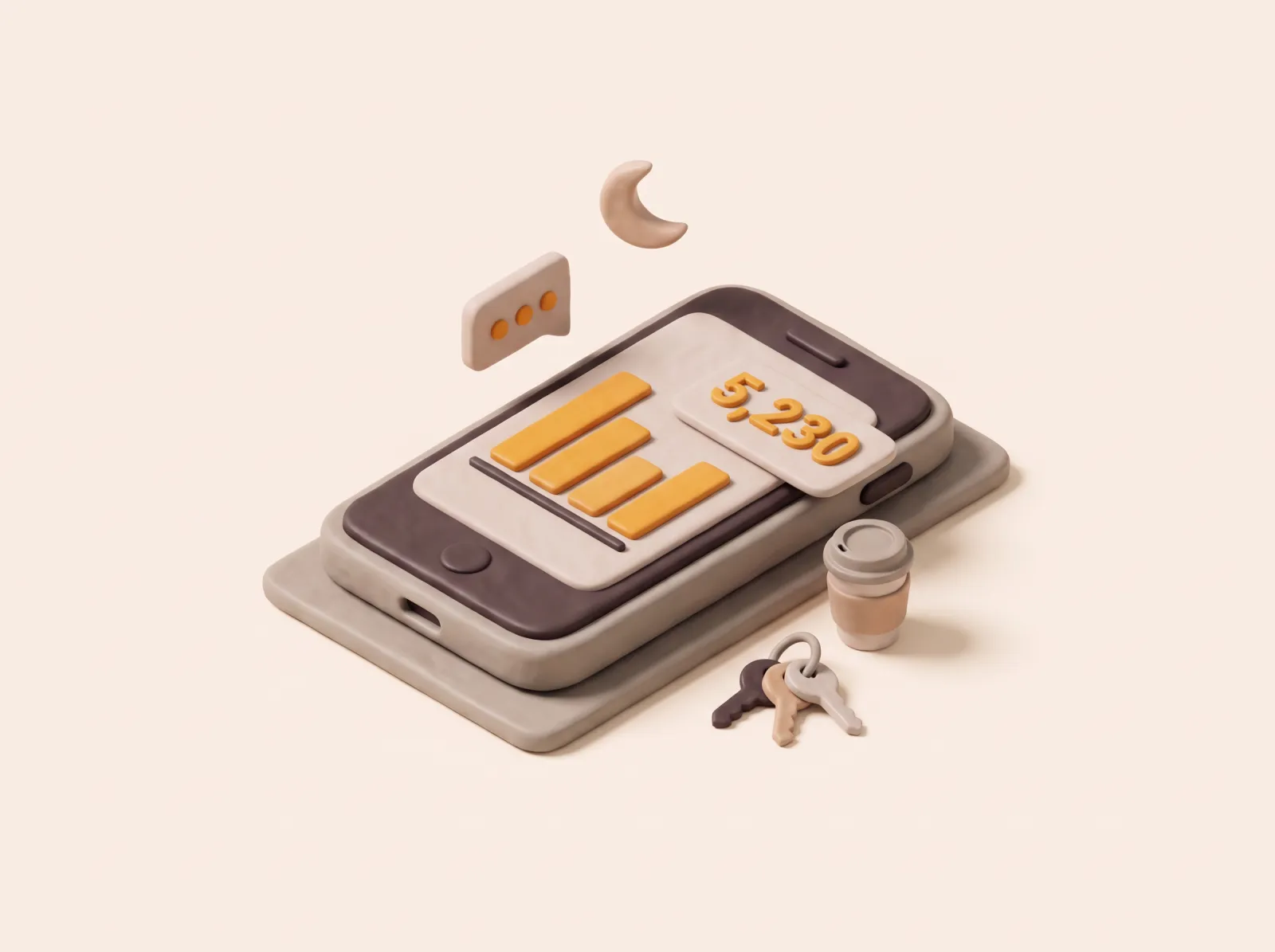 Ilustrasi clay ponsel besar yang menampilkan grafik penjualan berwarna amber dan angka total, gelembung chat, gelas kopi, kunci, dan bulan sabit kecil.