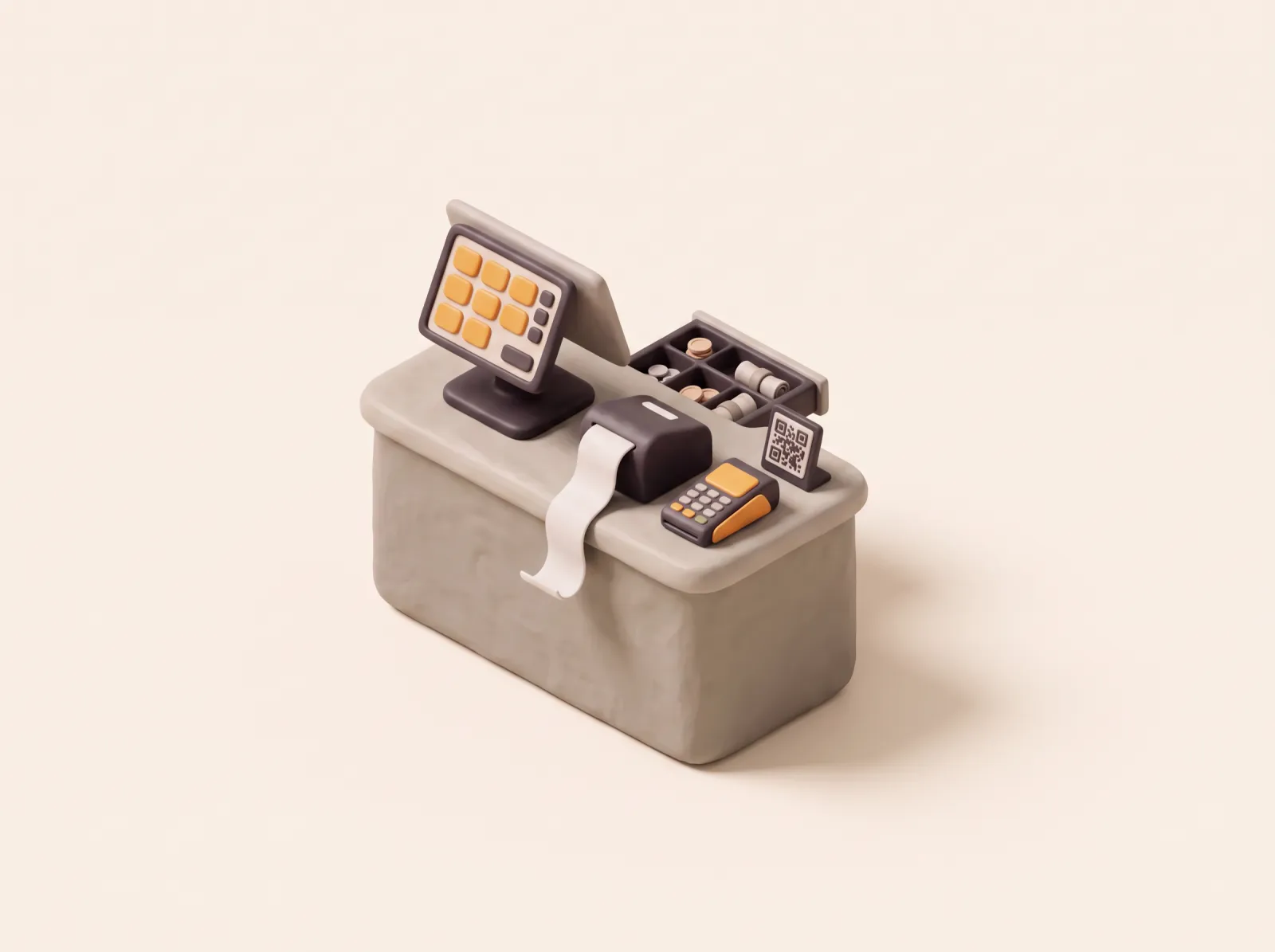 Ilustrasi clay meja kasir dengan tablet POS, laci uang yang terbuka, mesin EDC, printer struk, dan stand QR.