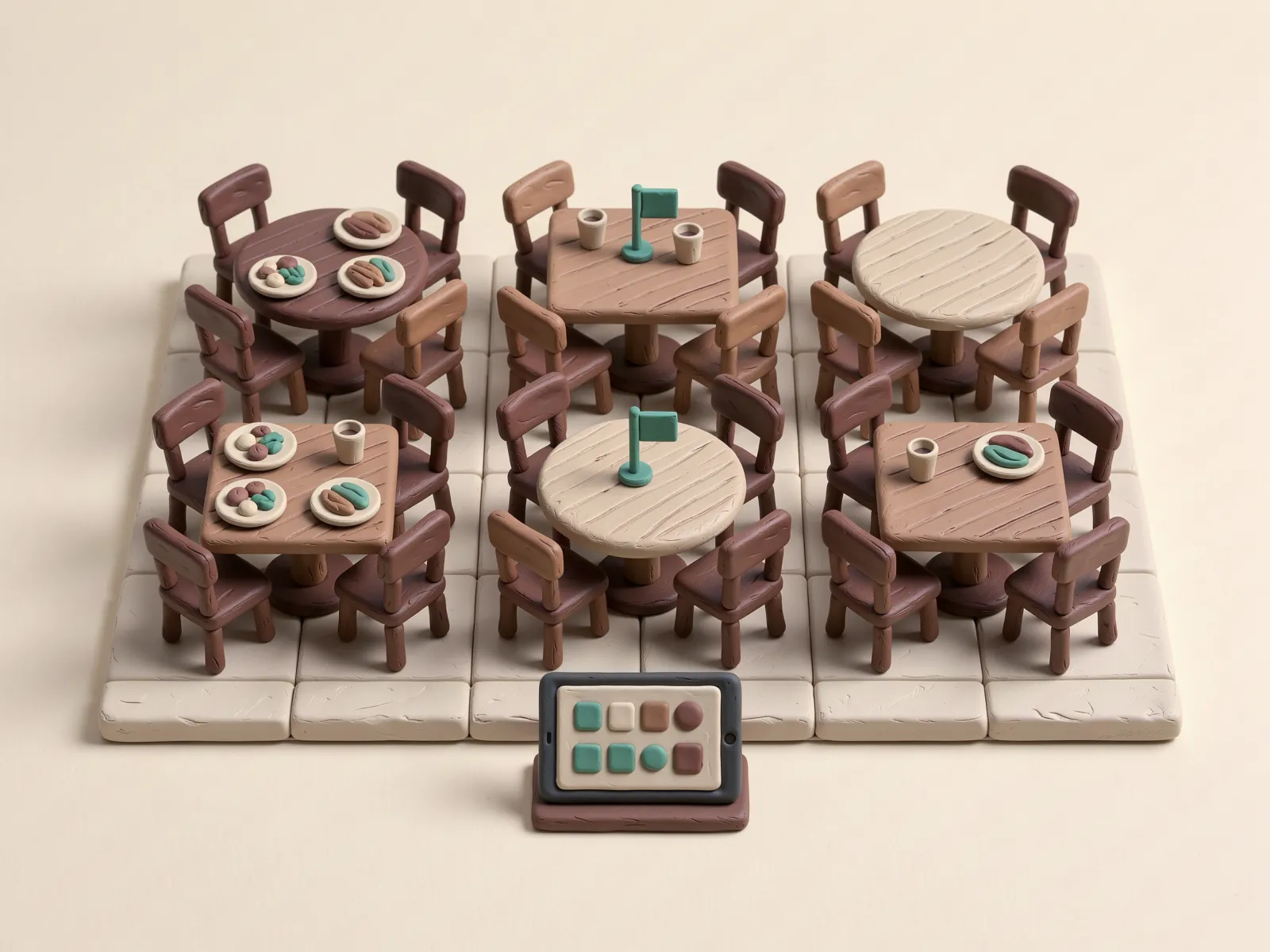 Ilustrasi clay lantai restoran dengan enam meja kayu dan kursi, piring di beberapa meja, dan tablet di stand yang menampilkan denah meja.