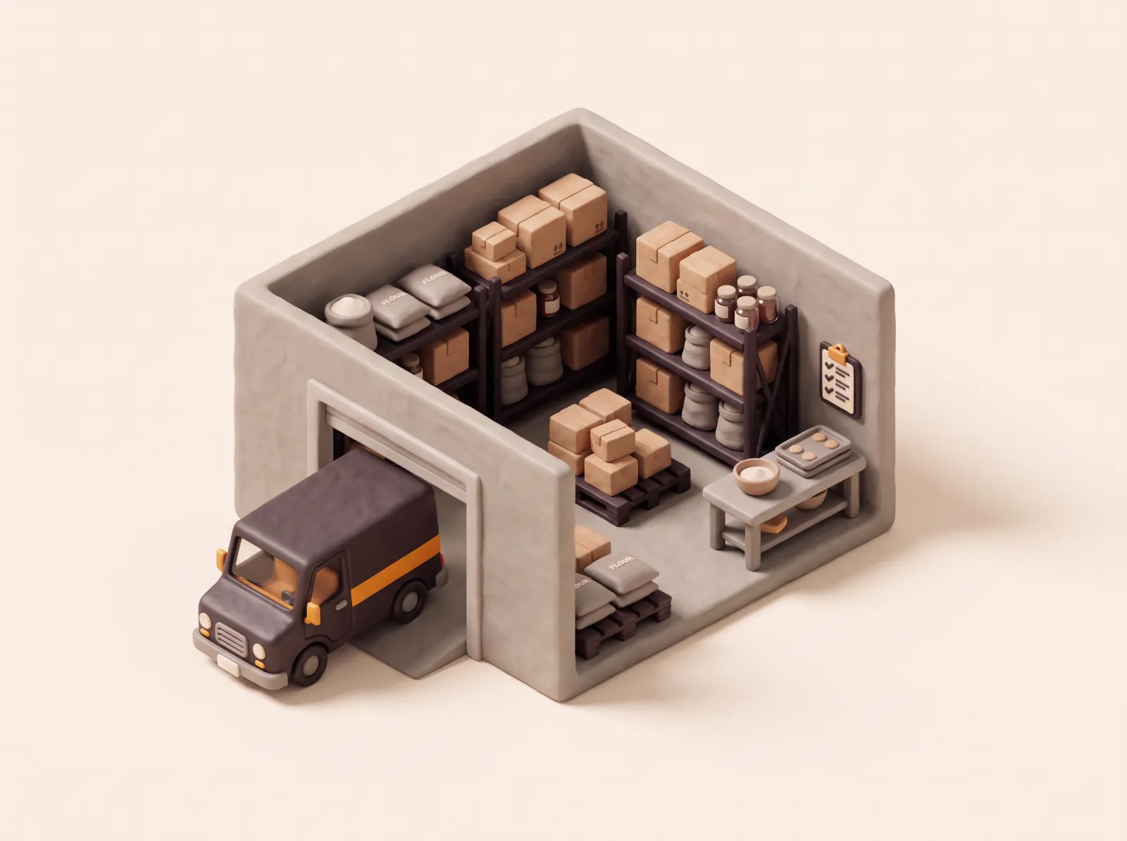 Ilustrasi clay gudang pusat dan dapur produksi dengan rak berisi kardus, karung tepung, palet, meja produksi, dan mobil van di pintu bongkar muat.