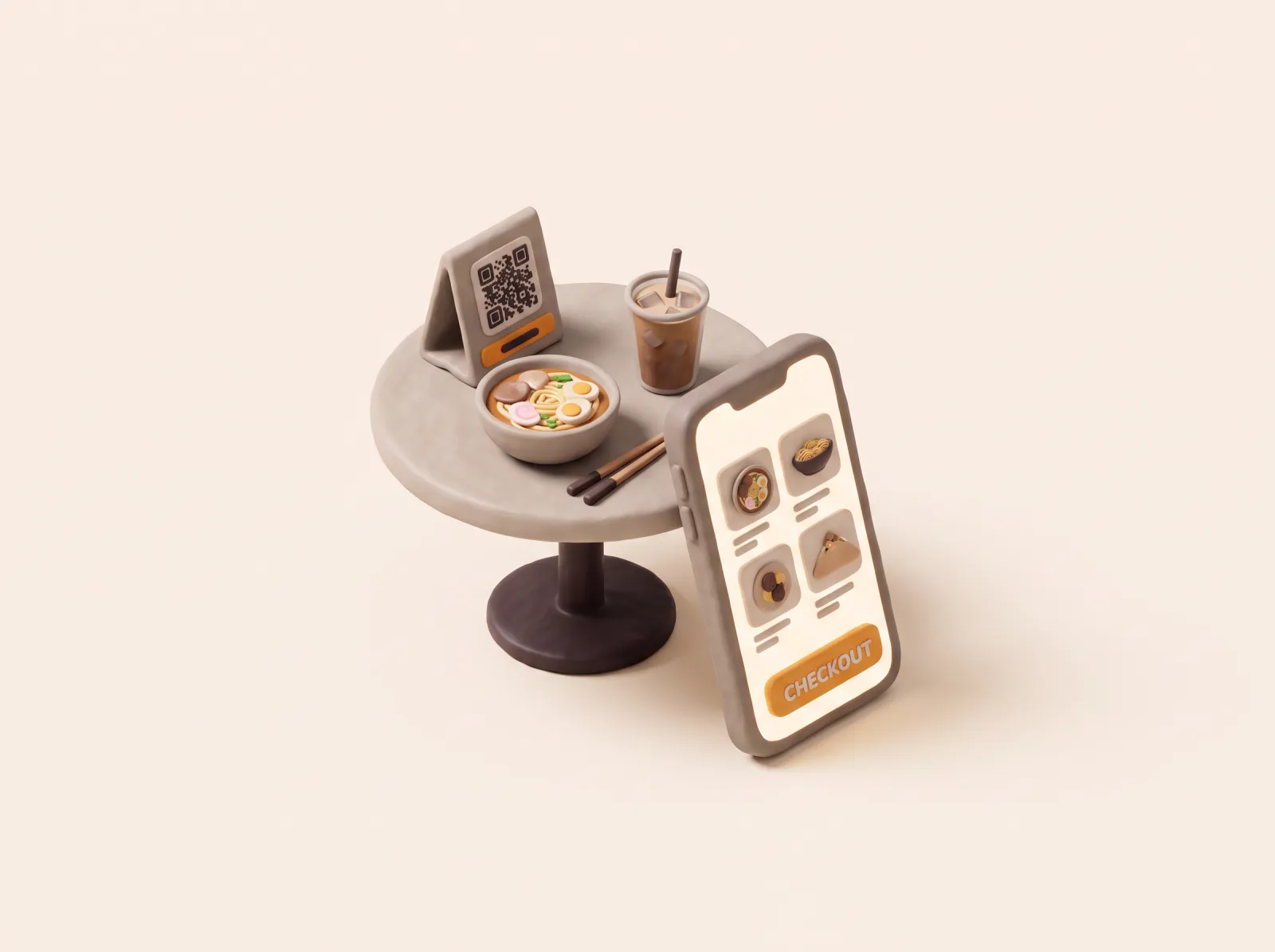 Ilustrasi clay meja kafe dengan semangkuk mi, es kopi, table tent QR, dan ponsel besar yang menampilkan menu dengan tombol checkout.