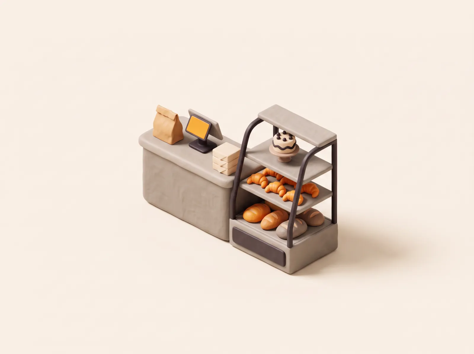 Clay illustration of a bakery display case with bread, croissants and a cake, a POS tablet and pastry boxes.