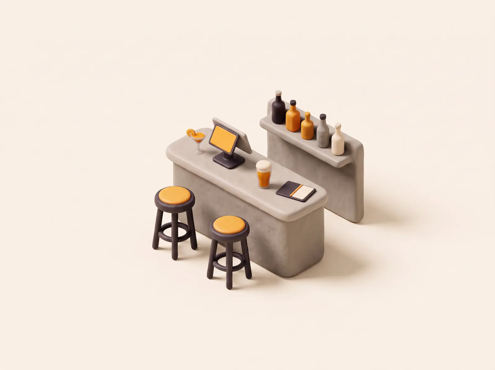 Clay illustration of a bar counter with stools, a cocktail, a beer, bottles on a shelf, a POS tablet and a bill folder.