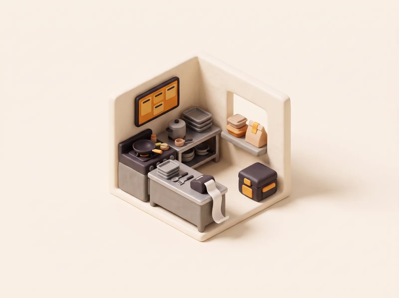 Clay illustration of a compact cloud kitchen with a stove, a kitchen screen with order tickets, a printer and stacked delivery bags.