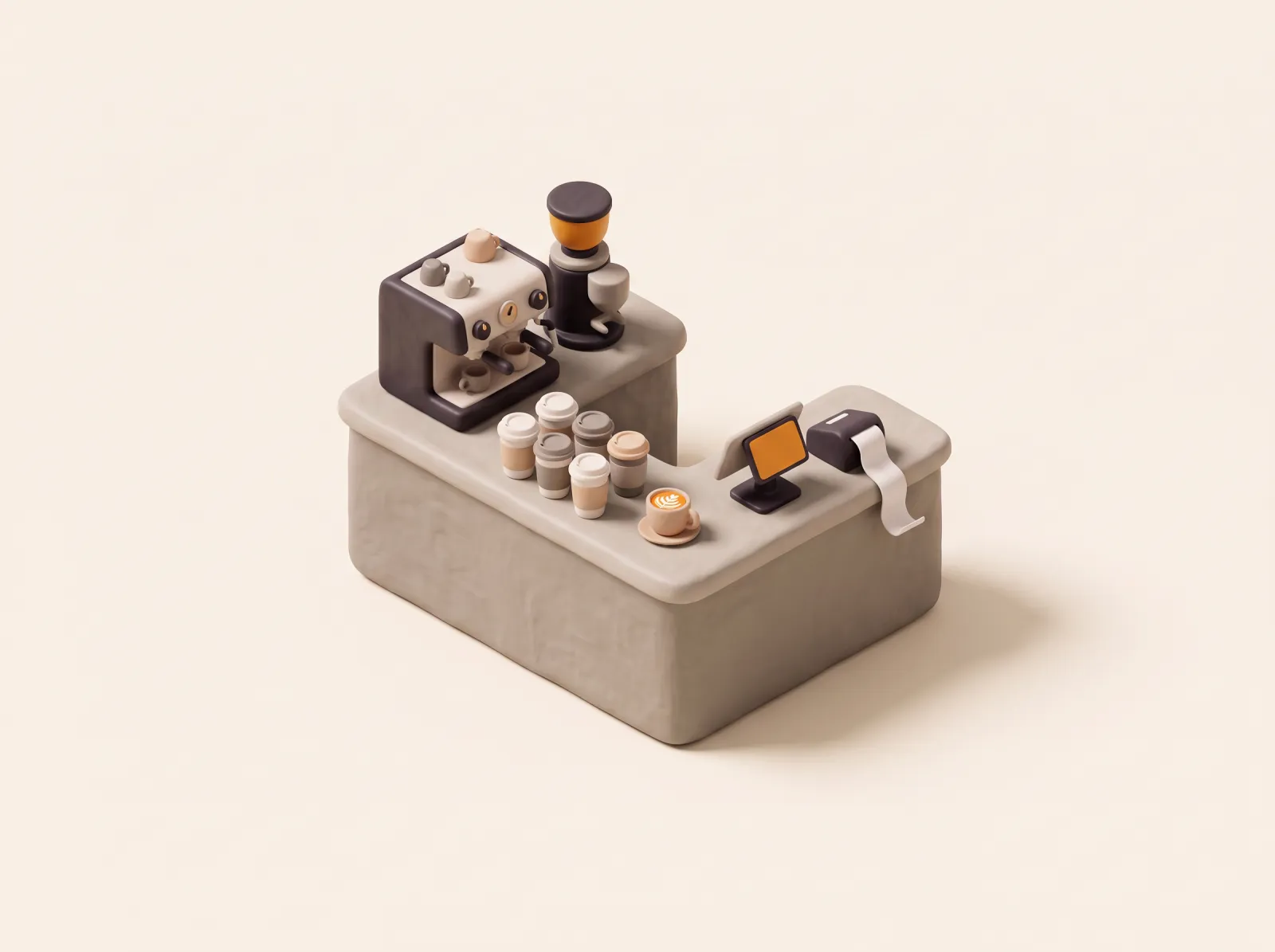 Clay illustration of a coffee bar with an espresso machine, takeaway cups, a latte, a POS tablet and a label printer.
