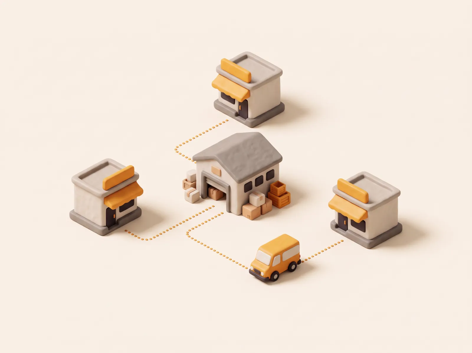 Clay illustration of three small restaurant storefronts connected by dotted paths to a central warehouse, with a delivery van.