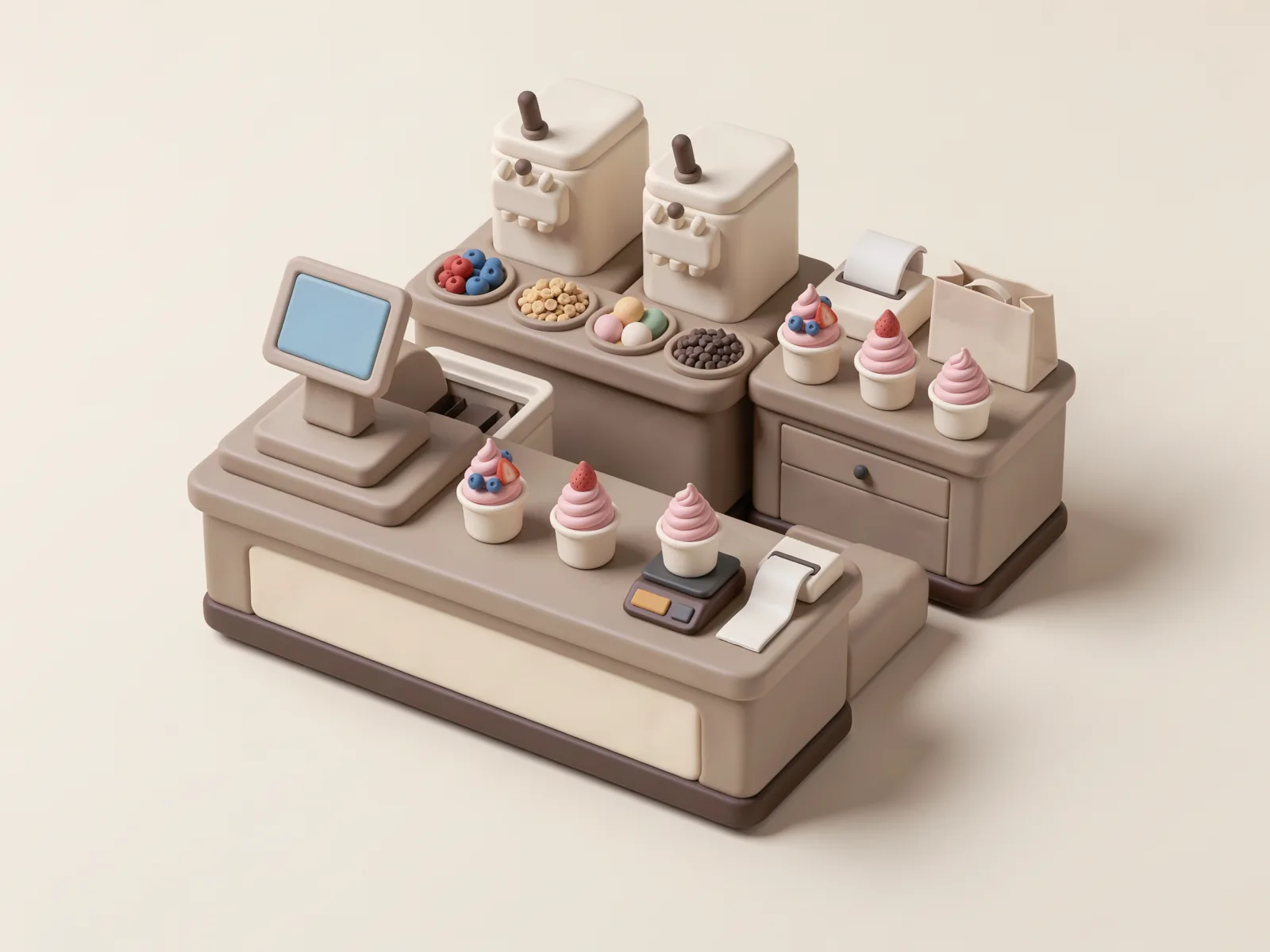 Ilustrasi clay counter frozen yogurt dengan tablet kasir, printer struk, laci uang, mesin soft serve, topping station, dan tas takeaway.