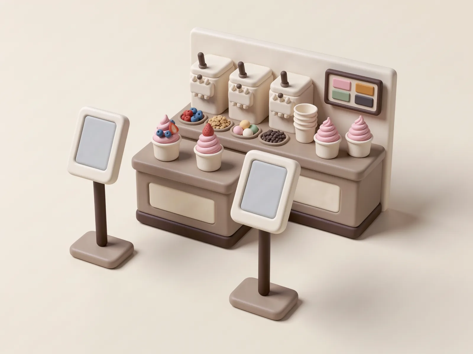 Ilustrasi clay self serve bar frozen yogurt dengan tiga mesin soft serve, topping bar, tumpukan cup, layar pickup, dan dua kiosk self order.