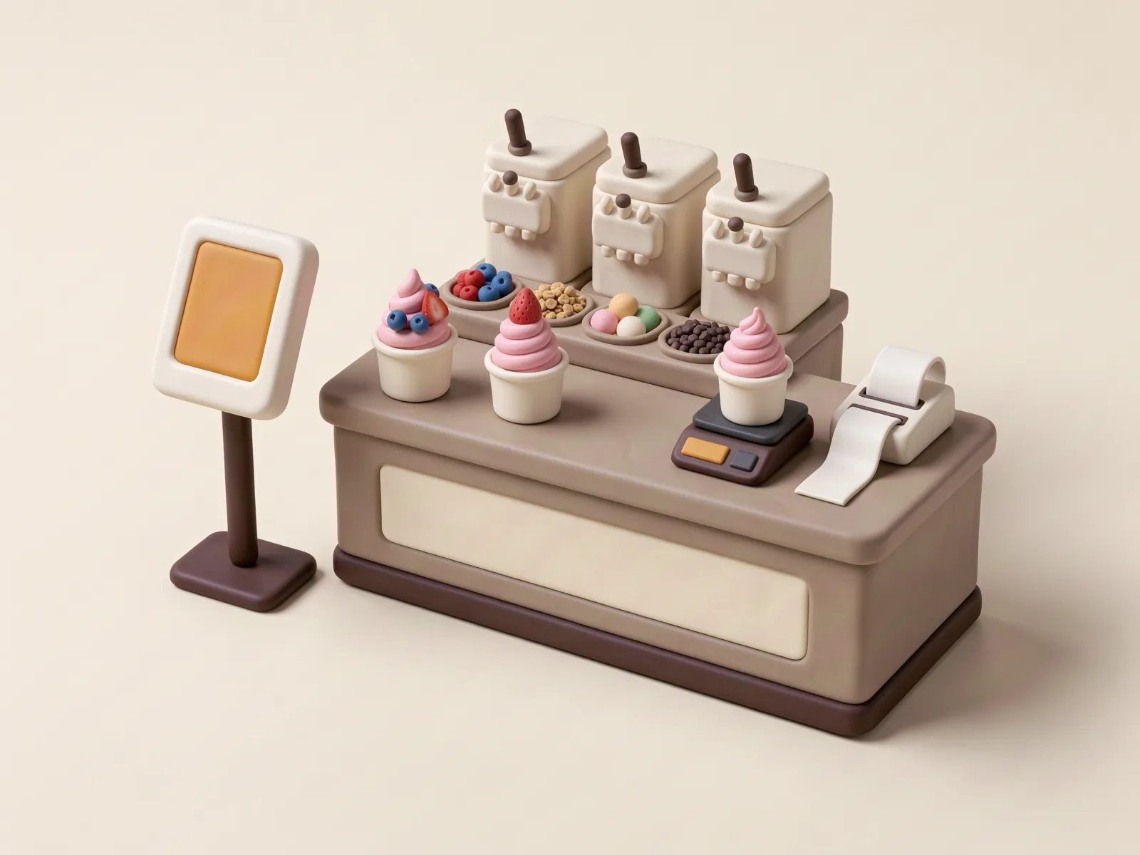 Ilustrasi clay counter frozen yogurt dengan mesin soft serve, topping bar, cup froyo, dan kiosk self order.