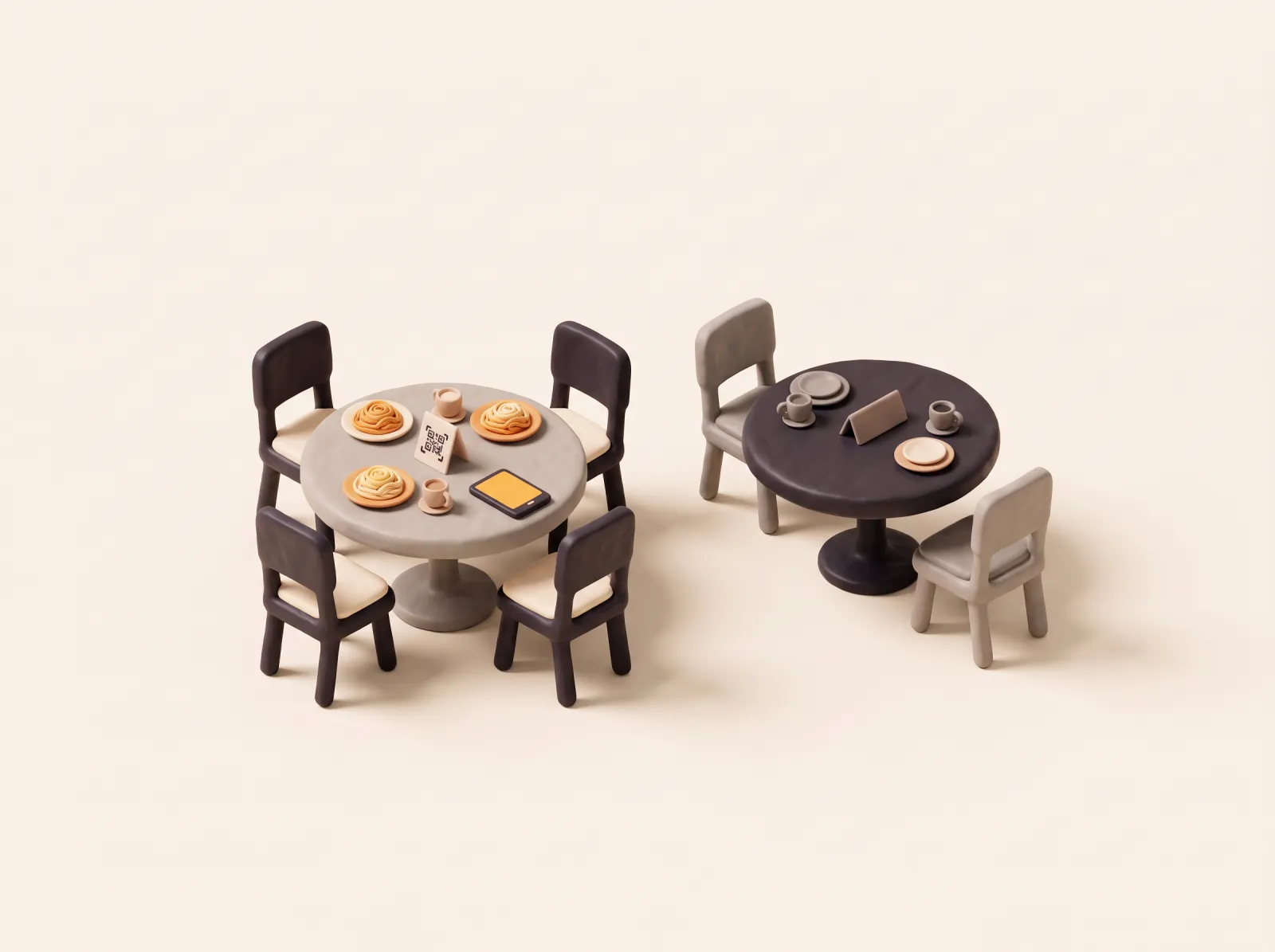 Clay illustration of two dining tables with plates of pasta, a QR table tent and a waiter tablet.