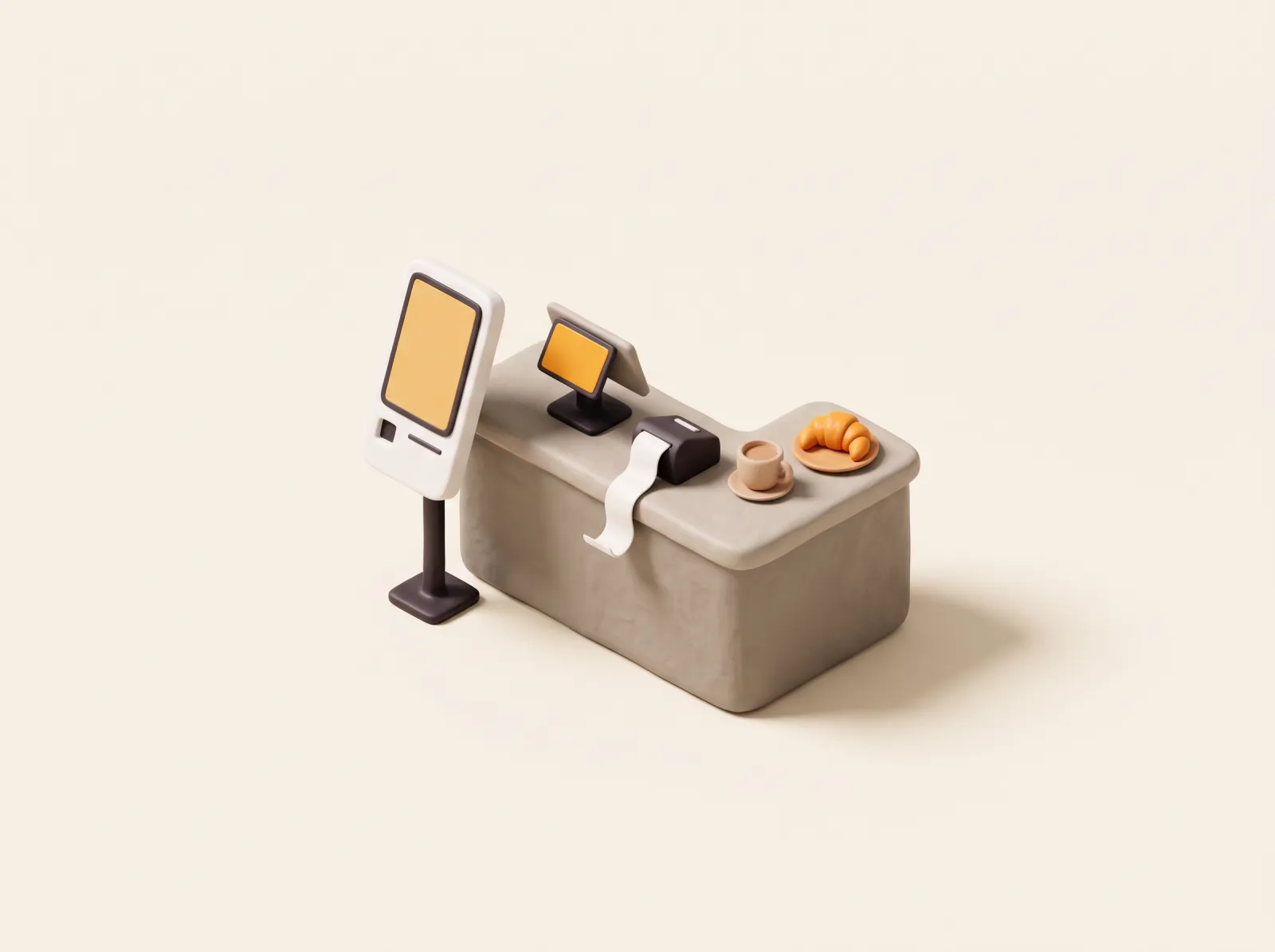 Clay illustration of a cafe counter with a self order kiosk, a POS tablet, a receipt printer, a coffee and a croissant.