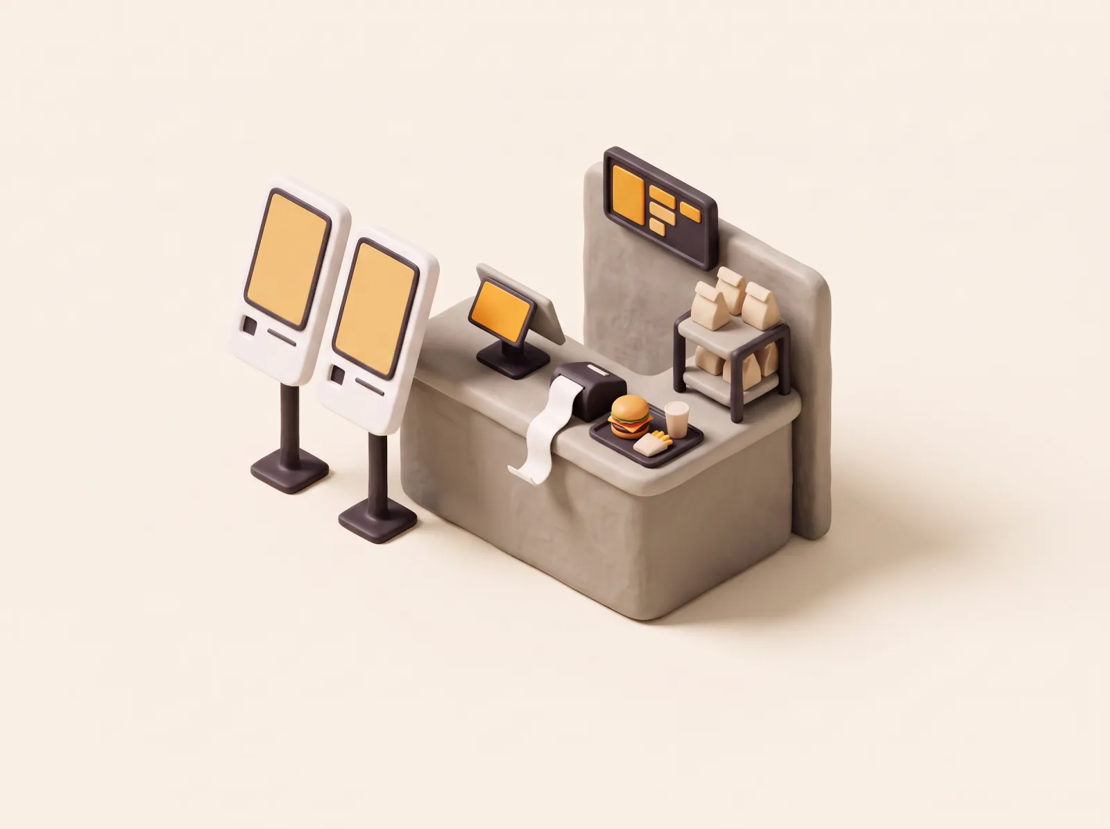 Clay illustration of a quick service counter with two self order kiosks, a pickup screen and a burger tray.